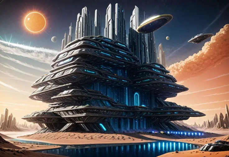 A futuristic city in the desert, sci-fi palaces, futuristic condominiums, one giant sun in the sky, futureskyline, absurd detail, ultra detailed, high quality, masterpiece