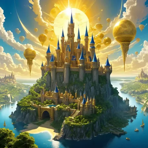 A gigantic magical kingdom, a castle in the center of the kingdom, golden lighting, fantasy architecture, two suns, some small flying islands in the sky, absurd detail, ultra detailed, high quality, masterpiece