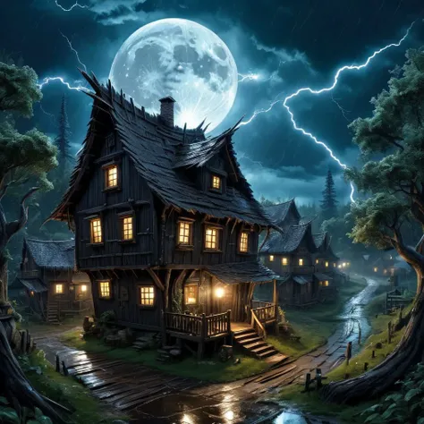 A dark village, wooden fantasy architecture, small shabby homes, one giant moon in the sky, forests around the village, lightning, rain, night, absurd detail, ultra detailed, high quality, masterpiece