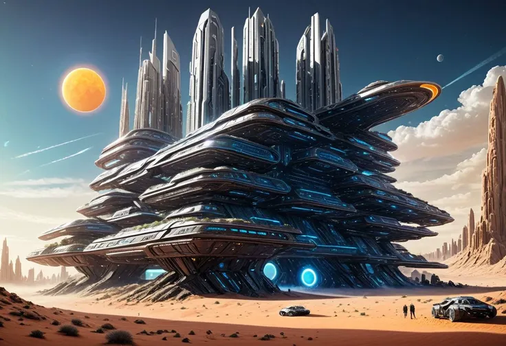 A futuristic city in the desert, sci-fi palaces, futuristic condominiums, one giant sun in the sky, futureskyline, absurd detail, ultra detailed, high quality, masterpiece