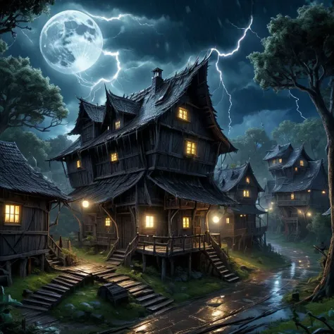 A dark village, wooden fantasy architecture, shabby homes, one giant moon in the sky, forests around the village, lightning, rain, night, absurd detail, ultra detailed, high quality, masterpiece