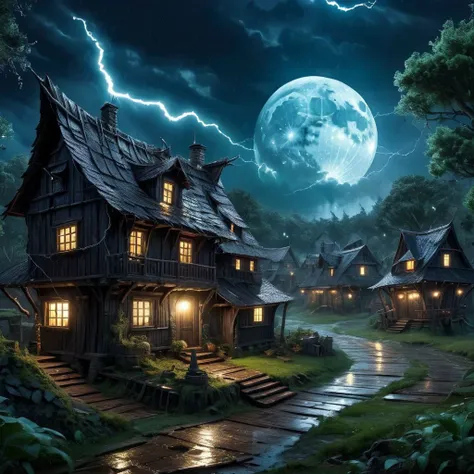 A dark village, wooden fantasy architecture, small shabby homes, one giant moon in the sky, forests around the village, lightning, rain, night, absurd detail, ultra detailed, high quality, masterpiece