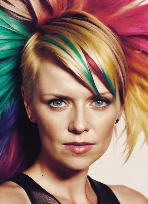 portrait of sks woman by Flora Borsi, style by Flora Borsi, bold, bright colours, rainbow Mohawk haircut, ((Flora Borsi)), <lora:locon_amandatapping_v1_from_v1_64_32:1.25>