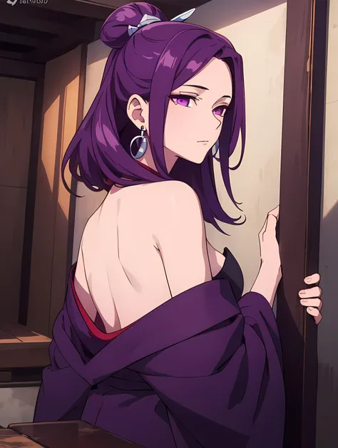 (ah-dao),solo,1girl, earrings, jewelry,purple eyes, purple hair,  upperbody,medium breasts, kimono <lora:Ah-Duo_-_The_Apothecary_Diaries-000019:0.6> ,,    <lora:OffShoulderKimono:0.8> japanese clothes, from behind, bare shoulders, off shoulder, hyperrealistic photo by Seebas Apterus and Larry Bell art, blending, smooth, detailed expressions, artstyle, detailed eyes, HDR, UHD, 64k, RTX, sharp, sharp focus, highly detailed, intricate detail, professional, artistic flow, ultra detailed, high resolution photography, (bright colors)