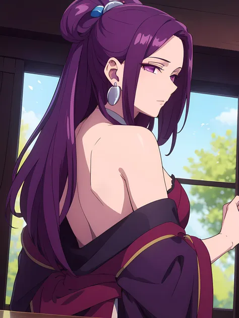 (ah-dao),solo,1girl, earrings, jewelry,purple eyes, purple hair,  upperbody,medium breasts <lora:Ah-Duo_-_The_Apothecary_Diaries-000019:0.8> , <lora:OffShoulderKimono:0.8> japanese clothes, from behind, bare shoulders, off shoulder, hyperrealistic photo by Seebas Apterus and Larry Bell art, blending, smooth, detailed expressions, artstyle, detailed eyes, HDR, UHD, 64k, RTX, sharp, sharp focus, highly detailed, intricate detail, professional, artistic flow, ultra detailed, high resolution photography, (bright colors)