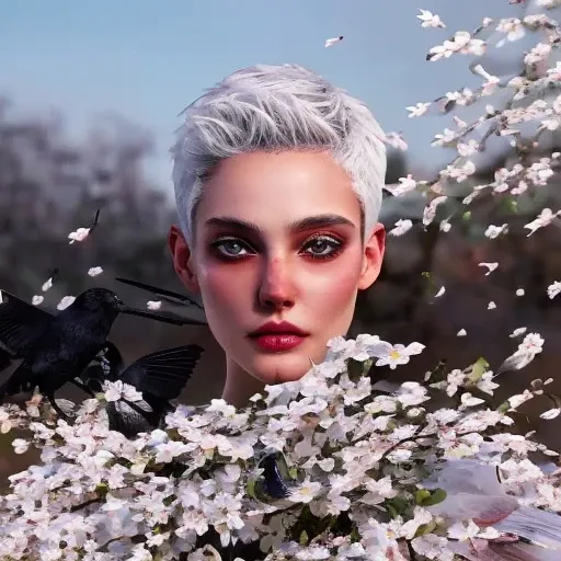 lr_rbn style, face focus, centered, sexy woman, short hair, pixie haircut, white hair, flowers, birds, crow, white trees at distance, nature details, black background, hands at front, wavy dress, swirly lines, winning award masterpiece, fantastically gaudy, aesthetic octane render, 8 k hd resolution