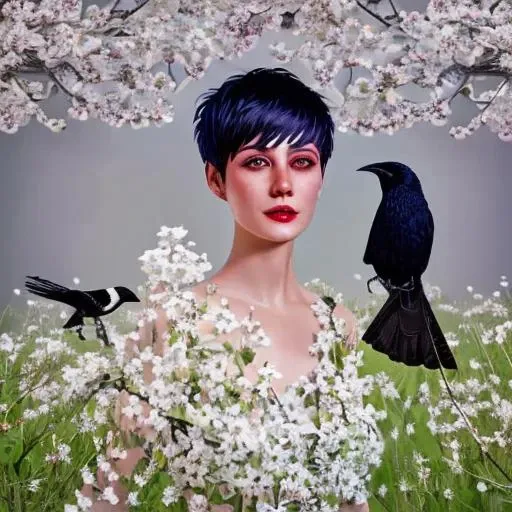 lr_rbn style, face focus, centered, sexy woman, short hair, pixie haircut, white hair, flowers, birds, crow, white trees at distance, nature details, black background, hands at front, wavy dress, swirly lines, winning award masterpiece, fantastically gaudy, aesthetic octane render, 8 k hd resolution