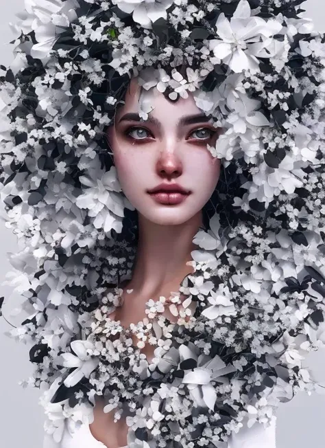 lr_rbn style, portrait of cute woman, wavy hair, white hair, flowers, nature details, black background, black and white, ink, swirly lines, winning award masterpiece, fantastically gaudy, aesthetic octane render, 8 k hd resolution