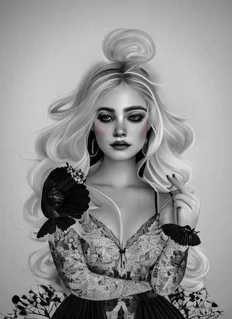 lr_rbn style, portrait of cute woman, wavy hair, white hair, flowers, nature details, black background, black and white, ink, swirly lines, winning award masterpiece, fantastically gaudy, aesthetic octane render, 8 k hd resolution