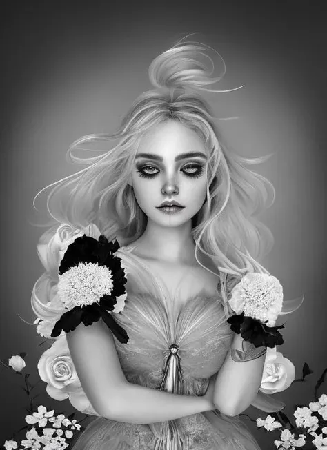 lr_rbn style, portrait of cute woman, wavy hair, white hair, flowers, nature details, black background, black and white, ink, swirly lines, winning award masterpiece, fantastically gaudy, aesthetic octane render, 8 k hd resolution