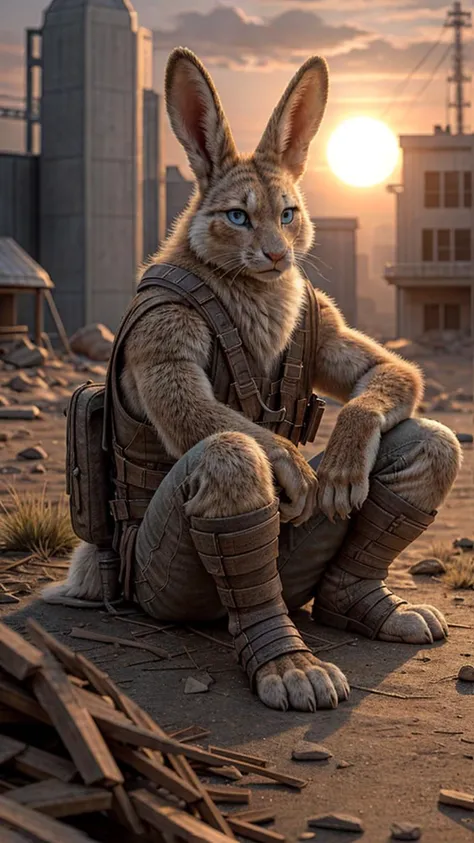 post apocalypse setting, rabbit, lagomorph, wastelander outfit, sitting pose, contenplative, outside, countershade, sunlight, golden hour, depth of field, (by kenket:1.3)