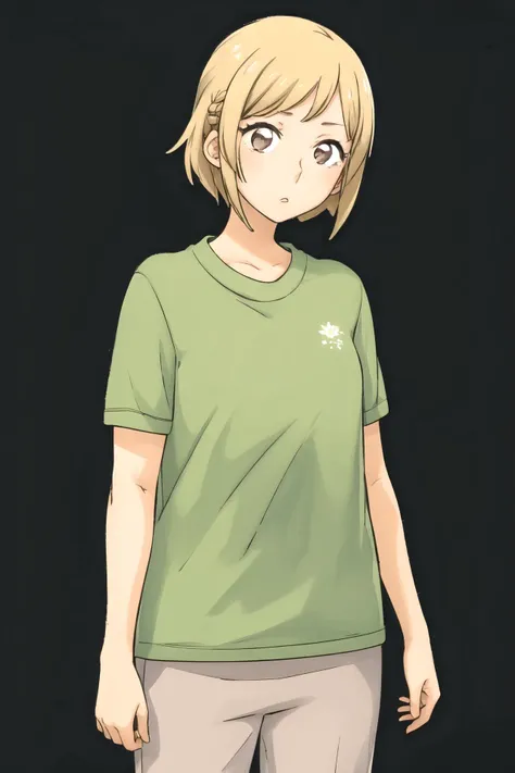 <lora:KindredSpiritsontheRoofStyle2:1> 1girl, solo, blonde hair, green t-shirt, brown eyes, cowboy shot, simple background,