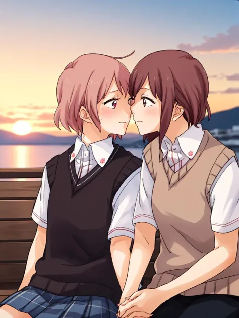 masterpiece, best quality,
<lora:KindredSpiritsontheRoofStyle:1>
( (2girls, multiple girls, ))
 (looking at another, ) 
sitting on bench, outdoors, sunset, orange sky school uniform, white collared shirt, sweater vest, happy smile, 
(kiss, assertive female, ) blush, nervous, embarrassed, 
holding hands, 
, yuri,