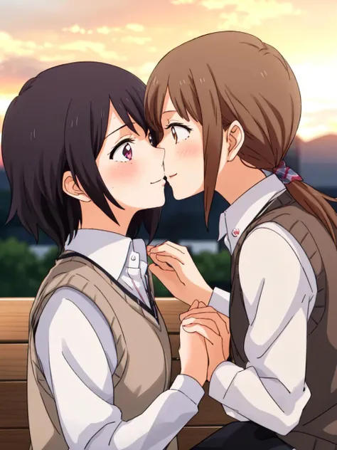 masterpiece, best quality,
<lora:KindredSpiritsontheRoofStyle:0.8>
( (2girls, multiple girls, ))
 (looking at another, ) 
sitting on bench, outdoors, sunset, orange sky school uniform, white collared shirt, sweater vest, happy smile, 
(kiss, assertive female, ) blush, nervous, embarrassed, 
holding hands,  
, yuri,