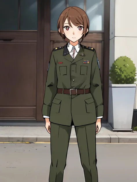 masterpiece, best quality,
<lora:add_detail:-0.3> <lora:KindredSpiritsontheRoofStyle:0.8>
1girl, (solo)
red brown hair,
cyborg eyes,,
bliding bangs,
(military uniform:1.25)
full body, standing,