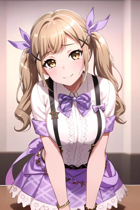 ((masterpiece, best quality)), 1girl,indoors,bangs,onstage costume, bracelet, brown_eyes, butterfly_hair_ornament, hair_ornament, ichigaya_arisa, jewelry, long_hair, looking_at_viewer, (purple_bow), purple_bowtie, short_sleeves, skirt, smile, solo, star_\(symbol\), star_hair_ornament, twintails, x_hair_ornament,,,,extremely detailed CG unity 8k wallpaper, perfect lighting,Colorful, Bright_Front_face_Lighting,White skin, (masterpiece:1.0),(best_quality:1.0), ultra high res,4K,ultra-detailed, photography, 8K, HDR, highres, absurdres:1.2, Kodak portra 400, film grain, blurry background, bokeh:1.2, lens flare, (vibrant_color:1.2),professional photograph,Beautiful,medium_Breasts, (beautiful_face:1.5),(narrow_waist),Beautiful Finger,Beautiful long legs,Beautiful body,Beautiful Nose,Beautiful character design, perfect face,perfect balance,