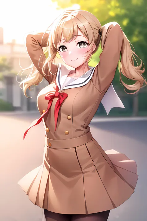 ((masterpiece, best quality)), bangs,outdoors, arisa ichigaya, black_legwear, blonde_hair, breasts, brown_dress, brown_eyes, cowboy_shot,pantyhose, hair_ornament, hanasakigawa_school_uniform, long_hair, long_sleeves, looking_at_viewer, medium_breasts, neck_ribbon, pantyhose, red_ribbon, ribbon, sailor_collar, sailor_dress, school_uniform, smile, solo, twintails, white_sailor_collar,,,, solo,,extremely detailed CG unity 8k wallpaper, perfect lighting,Colorful, Bright_Front_face_Lighting,White skin, (masterpiece:1.0),(best_quality:1.0), ultra high res,4K,ultra-detailed, photography, 8K, HDR, highres, absurdres:1.2, Kodak portra 400, film grain, blurry background, bokeh:1.2, lens flare, (vibrant_color:1.2),professional photograph,(Beautiful,medium_Breasts), (beautiful_face:1.5),(narrow_waist),Beautiful Finger,Beautiful long legs,Beautiful body,Beautiful Nose,Beautiful character design, perfect face,perfect balance,