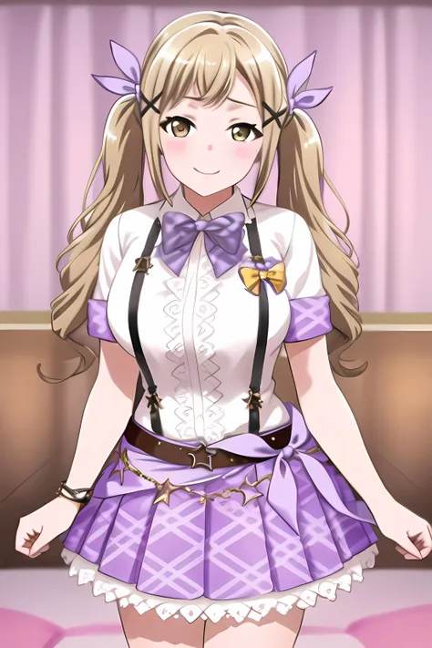 ((masterpiece, best quality)), 1girl,indoors,bangs,onstage costume, bracelet, brown_eyes, butterfly_hair_ornament, hair_ornament, ichigaya_arisa, jewelry, long_hair, looking_at_viewer, (purple_bow), purple_bowtie, short_sleeves, skirt, smile, solo, star_\(symbol\), star_hair_ornament, twintails, x_hair_ornament,,,,extremely detailed CG unity 8k wallpaper, perfect lighting,Colorful, Bright_Front_face_Lighting,White skin, (masterpiece:1.0),(best_quality:1.0), ultra high res,4K,ultra-detailed, photography, 8K, HDR, highres, absurdres:1.2, Kodak portra 400, film grain, blurry background, bokeh:1.2, lens flare, (vibrant_color:1.2),professional photograph,Beautiful,medium_Breasts, (beautiful_face:1.5),(narrow_waist),Beautiful Finger,Beautiful long legs,Beautiful body,Beautiful Nose,Beautiful character design, perfect face,perfect balance,