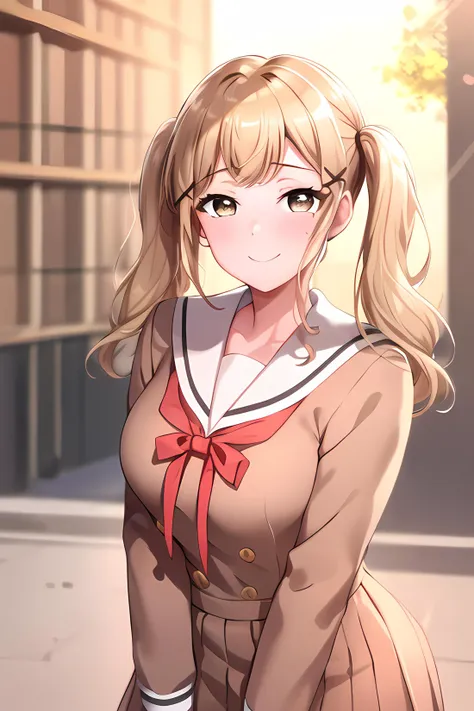 ((masterpiece, best quality)), bangs,outdoors, arisa ichigaya, black_legwear, blonde_hair, breasts, brown_dress, brown_eyes, cowboy_shot,pantyhose, hair_ornament, hanasakigawa_school_uniform, long_hair, long_sleeves, looking_at_viewer, medium_breasts, neck_ribbon, pantyhose, red_ribbon, ribbon, sailor_collar, sailor_dress, school_uniform, smile, solo, twintails, white_sailor_collar,,,, solo,,extremely detailed CG unity 8k wallpaper, perfect lighting,Colorful, Bright_Front_face_Lighting,White skin, (masterpiece:1.0),(best_quality:1.0), ultra high res,4K,ultra-detailed, photography, 8K, HDR, highres, absurdres:1.2, Kodak portra 400, film grain, blurry background, bokeh:1.2, lens flare, (vibrant_color:1.2),professional photograph,(Beautiful,medium_Breasts), (beautiful_face:1.5),(narrow_waist),Beautiful Finger,Beautiful long legs,Beautiful body,Beautiful Nose,Beautiful character design, perfect face,perfect balance,