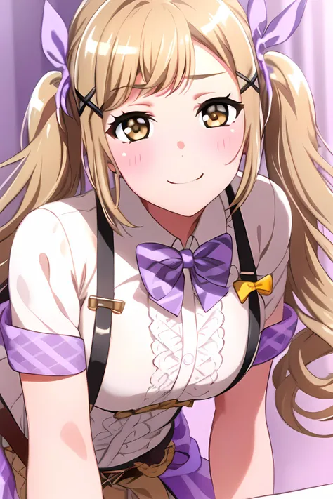 ((masterpiece, best quality)), 1girl,indoors,bangs,onstage costume, bracelet, brown_eyes, butterfly_hair_ornament, hair_ornament, ichigaya_arisa, jewelry, long_hair, looking_at_viewer, (purple_bow), purple_bowtie, short_sleeves, skirt, smile, solo, star_\(symbol\), star_hair_ornament, twintails, x_hair_ornament,,,,extremely detailed CG unity 8k wallpaper, perfect lighting,Colorful, Bright_Front_face_Lighting,White skin, (masterpiece:1.0),(best_quality:1.0), ultra high res,4K,ultra-detailed, photography, 8K, HDR, highres, absurdres:1.2, Kodak portra 400, film grain, blurry background, bokeh:1.2, lens flare, (vibrant_color:1.2),professional photograph,Beautiful,medium_Breasts, (beautiful_face:1.5),(narrow_waist),Beautiful Finger,Beautiful long legs,Beautiful body,Beautiful Nose,Beautiful character design, perfect face,perfect balance,