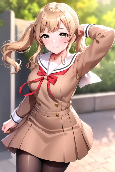 ((masterpiece, best quality)), bangs,outdoors, arisa ichigaya, black_legwear, blonde_hair, breasts, brown_dress, brown_eyes, cowboy_shot,pantyhose, hair_ornament, hanasakigawa_school_uniform, long_hair, long_sleeves, looking_at_viewer, medium_breasts, neck_ribbon, pantyhose, red_ribbon, ribbon, sailor_collar, sailor_dress, school_uniform, smile, solo, twintails, white_sailor_collar,,,, solo,,extremely detailed CG unity 8k wallpaper, perfect lighting,Colorful, Bright_Front_face_Lighting,White skin, (masterpiece:1.0),(best_quality:1.0), ultra high res,4K,ultra-detailed, photography, 8K, HDR, highres, absurdres:1.2, Kodak portra 400, film grain, blurry background, bokeh:1.2, lens flare, (vibrant_color:1.2),professional photograph,(Beautiful,medium_Breasts), (beautiful_face:1.5),(narrow_waist),Beautiful Finger,Beautiful long legs,Beautiful body,Beautiful Nose,Beautiful character design, perfect face,perfect balance,