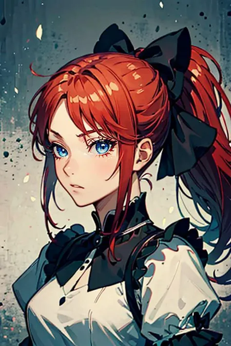 masterpiece, high quality, <lora:Lynn[V2_Full]:0.7> Lynn, 1girl, solo, hair bow, ponytail, red hair, blue eyes,