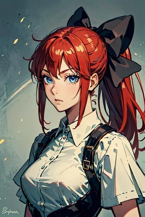 masterpiece, high quality, <lora:Lynn[V2_Hard]:0.7> Lynn, 1girl, solo, hair bow, ponytail, red hair, blue eyes,