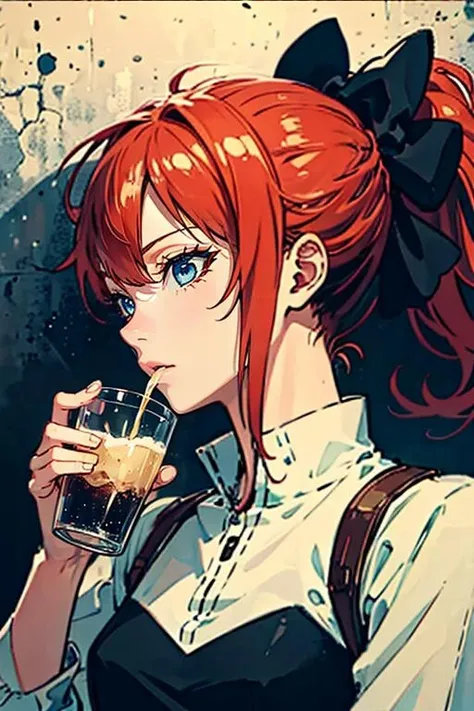 masterpiece, high quality, <lora:Lynn[V2_Complete]:0.7> Lynn, 1girl, solo, hair bow, ponytail, red hair, blue eyes, drinking,