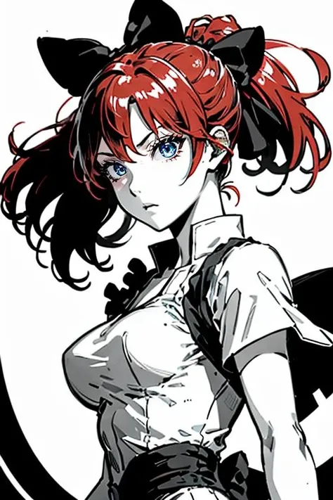 <lora:Lynn[V1]:0.7>, Lynn, 1girl, solo, monochrome, , smile, hair bow, white background, greyscale, portrait, open mouth, ponytail, BREAK (red hair), BREAK (blue eyes)
