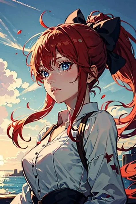 masterpiece, high quality, <lora:Lynn[V2_Full]:0.7> Lynn, 1girl, solo, hair bow, ponytail, red hair, blue eyes,