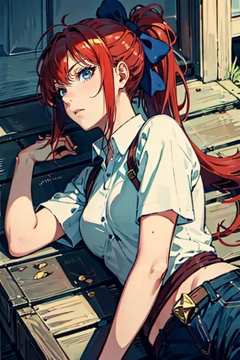 Garota anime ruiva vestindo chaqueta de cuero roja y pantalones de cuero azul, 16 years, cuerpo bonito, botas negras, zapatos de botas de cuero, senos grandes, con una mano en tu cintura y la otra en tus labios, mano en la cadera, mano con el dedo en el labio, dedo na boca, chica sexy, red pelo con trenza, Beautiful lighting, sombras suaves, ojos rojos, bonitas piernas, pelo azul, estilo anime, rei ayanami, Autora Rumiko Takahashi, Basado en obra de Rumiko Takahashi, , senos grandes, sexy decoration, cadera robusta, cuerpo entero, cuerpo entero, hermosos pechos, chica joven con cuerpo hermoso y hermoso, botas negras, zapatos de botas de cuero, chaqueta de cuero roja y pantalones de cuero azul, camisa blanca debajo de la chaqueta