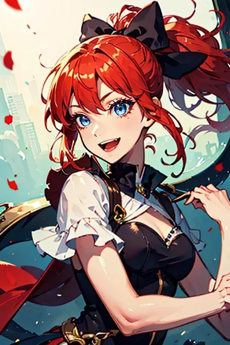 masterpiece, high quality, <lora:Lynn[V2_Soft]:0.7> Lynn, 1girl, solo, hair bow, ponytail, red hair, blue eyes