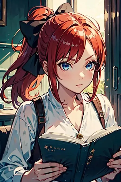 masterpiece, high quality, <lora:Lynn[V2_Hard]:0.7> Lynn, 1girl, solo, hair bow, ponytail, red hair, blue eyes,