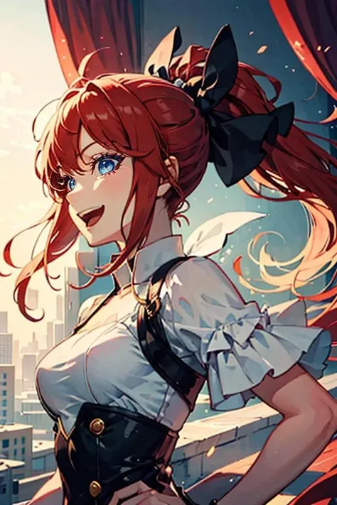 masterpiece, high quality, <lora:Lynn[V2_Soft]:0.7> Lynn, 1girl, solo, hair bow, ponytail, red hair, blue eyes