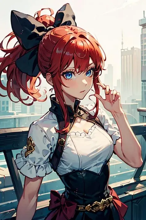 masterpiece, high quality, <lora:Lynn[V2_Soft]:0.7> Lynn, 1girl, solo, hair bow, ponytail, red hair, blue eyes