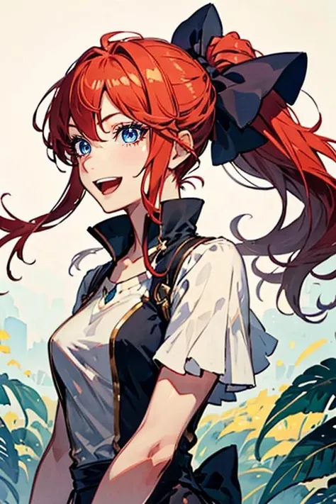 masterpiece, high quality, <lora:Lynn[V2_Soft]:0.7> Lynn, 1girl, solo, hair bow, ponytail, red hair, blue eyes