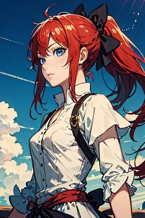 masterpiece, high quality, <lora:Lynn[V2_Hard]:0.7> Lynn, 1girl, solo, hair bow, ponytail, red hair, blue eyes,