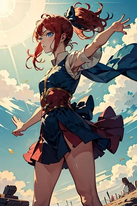 masterpiece, high quality, <lora:Lynn[V2_Hard]:0.7> Lynn, 1girl, solo, hair bow, ponytail, red hair, blue eyes,