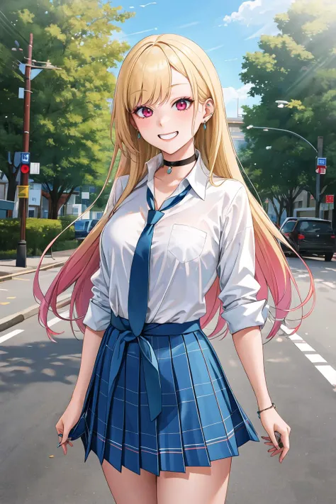 masterpiece, best quality, highres, kitagawa marin, 1girl, blonde hair, long hair, multicolored hair, red eyes, jewelry, earrings, piercing, school uniform, white shirt, tied shirt, black choker, blue necktie, plaid skirt, <lora:kitagawa_marin_v1-1:0.7>, grin, smile, standing, cowboy shot, outdoors, <lora:ohisashiburi -Style_649956:1>