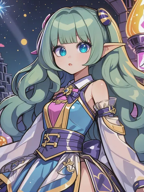 kawaii, cute, 1girl, woman, villainess, (makeup:1.3),(flowing dress:1.3), bombshell hair, sparkling neon color:peru and ultraviolet hair, hime cut, toned hourglass figure, korean, crystal shop in a mysterious scifi hillside megastructure outside of time, masterpiece, set<lora:EnvyBetterHiresFixXL01:0@0,0@.49,1@.5:hr=1> <lora:EnvyPastelAnimeXL01:1><lora:EnvyCuteXL01v12:1>