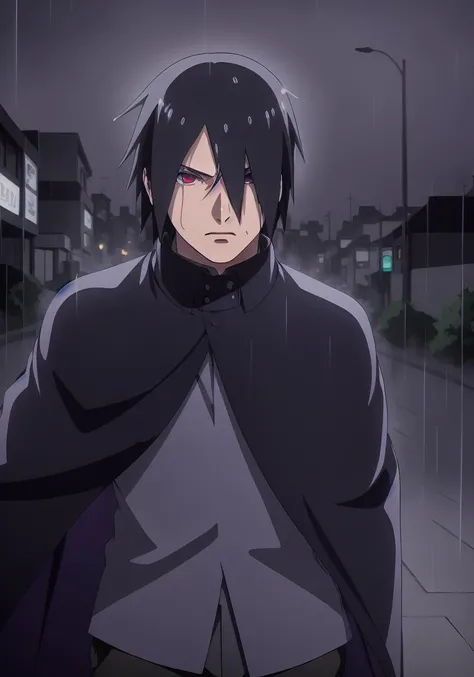 Sasuke Boruto, masculine male, muscular male, black hair, large pectorals, blue cape closed with purple vest underneath, long sleeve grey shirt, solo, outdoors, rain, neon city, red eyes, volumetric lighting, best quality, masterpiece, intricate details, tonemapping, sharp focus, hyper detailed, realistic,