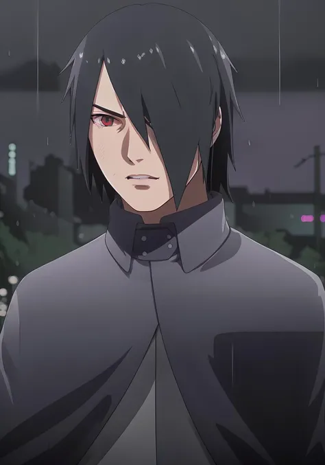 Sasuke Boruto, masculine male, muscular male, black hair, large pectorals, blue cape closed with purple vest underneath, long sleeve grey shirt, solo, outdoors, rain, neon city, red eyes, volumetric lighting, best quality, masterpiece, intricate details, tonemapping, sharp focus, hyper detailed, realistic,