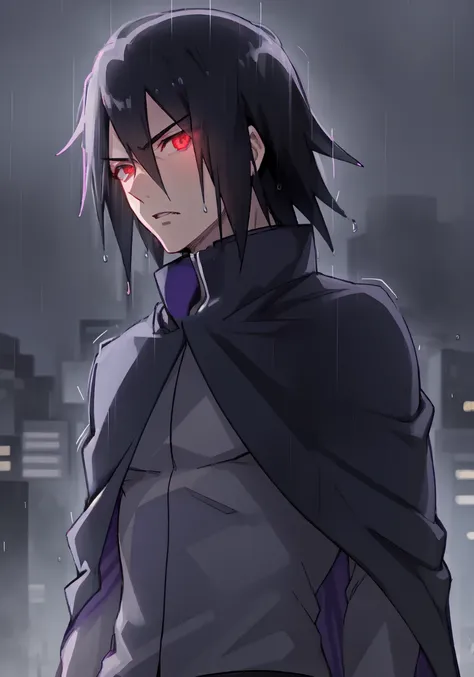 Sasuke Boruto, masculine male, muscular male, black hair, large pectorals, (blue cape closed) with purple vest underneath, long sleeve grey shirt, solo, outdoors, rain, neon city, red eyes, volumetric lighting, best quality, masterpiece, intricate details, tonemapping, sharp focus, hyper detailed, realistic,