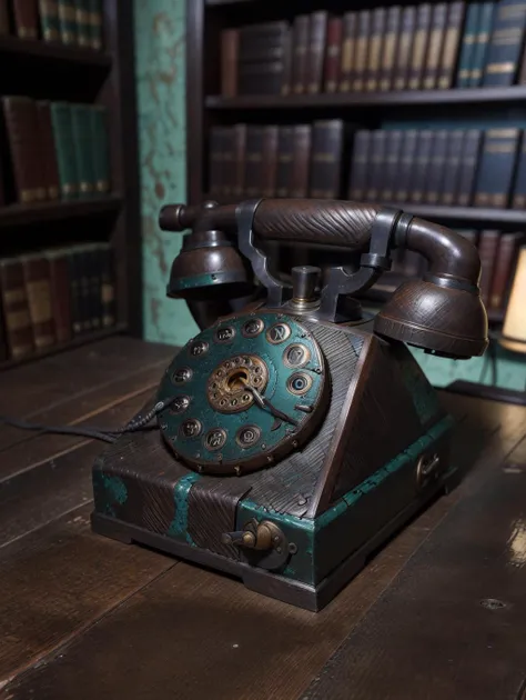 A photograph of a beautiful old (coffee_patina:1.2) rotary phone on a leather top desk, customized with elaborate detail, fine texture, engraved, plated with bronze, trimmed in cedar, in a library, warm tones, soft lighting.
<lora:LowRA:0.7> <lora:Coffee_Patina:1>