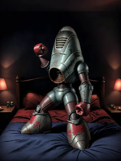 FISTO the (protectron with HUGE CLENCHED FISTS:1.4), red fists, rusty riveted iron body, one fist raised, huge head with glass visor, ribbed joints, ribbed elbows, ribbed knees, solo focus, (laying on the bed:1.2) in a dark lvehtl background bedroom, old ripped wallpaper, bottles and tissues, glowing red lanterns, chibi, exaggerated proportions,
<lora:protectron3:0.9> <lora:LowRA:0.8> <lora:add_detail:0.5> <lora:lvehtl4:0.6>