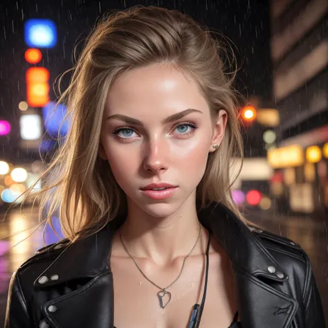 Using a [sharp focus], capture [Ultrarealistic] [RAW color] photo in [diffused soft light and backlight] of [Anjelika]. She is wearing [black leather coat and overboob shirt], and is 1.73 meters tall, [standing in rain]. Create a [dark and moody] scene of a [night city] in [heavy rain], using [HDR] photography. The rain should be [torrential], with [large raindrops] falling from the sky and [splashing on the ground]. [Reflections] of the city lights should be visible on the [wet pavement] and [puddles]. The buildings should be [tall and imposing], with [glowing windows] and [shimmering lights]. Add [dramatic shadows] to create depth and dimension. The scene should be [visually striking], with a [strong sense of atmosphere].
Use [color grading] to enhance the mood, with a [cool blue] tone and [deep blacks]. The rain should be [backlit] by the city lights, creating a [beautiful bokeh effect] and [illuminating the raindrops]. The [camera angle] should be [low], adding to the sense of [drama and power] in the scene. Include [details] such as [people running with umbrellas], [car headlights and taillights], and [street signs and advertisements]. The scene should be [busy and chaotic], adding to the feeling of being in a [lively and dynamic city]. Strive for a [cinematic] and [immersive] image that transports the viewer into the heart of the city and its [rainy] and [mysterious] atmosphere.
Her body is [wet] and [glossy]. The hair should appear to be wet but not soaking wet, with some [strands of hair clumping together slightly]. The [water droplets] should be [small], [varied in size], [dense], and [realistic], with [light reflection] and [refraction] effects. They should be visible on the person's [face], [neck], [arms], [chest], [stomach], and [legs], and should appear [fresh] and [recently] applied. Anjelika is the twin sister of Krystal Boyd, a 25-year-old [golden blonde with dark highlights], woman of Caucasian race with [long proportional legs]. With a [Canon EOS R5 50mm lens, F/2.8], using [specular reflection], [subsurface scattering], and [diffuse reflection] on her [imperfect uneven irregular skin], capture her [healthy skin tone], [slim skinny figure], [narrow hips], [narrow shoulders], [concave belly], [very small breasts], [slim thighs], [toned muscles], and [smooth, glossy skin] with visible [abs] and [hip bones], and her [realistic pink vagina]. Aim for a [detailed and realistic portrayal] of her face with [high-resolution] features such as her [natural-looking light blue-grey eyes] with [contrasting lines and a dark rim]. Ensure that her iris is [photorealistic] with [symmetrical] placement and a [perfectly round, naturally dilated pupil], with [gradual fading from the pupil to the iris color] for a realistic effect. Include [semi-transparent layers] to add depth to the iris and a [delicate black eyeliner] and [black mascara] to accentuate her eyes. Capture the [delicate smile] on her lips and showcase the [natural skin texture] of her face with [visible skin pores] and a [realistic skin color gradient] and her [realistic pink vagina]. , Her look is sexy and provocative [nsfw]. Strive for a lifelike, [real picture, intricate details], [raytracing], [uhd body], [realistic], [uncensored], (best quality:1.3) image that portrays Anjelika [photo-realistic] natural beauty from [head to toe].