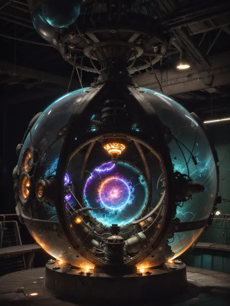 A brightly-glowing swirling iridescent orb of coffee_patina translucent intricate glass and crackling energy contained within a sparking stasis field in the heart of a rusty old scifi submarine, glowing lights, steel panels, lightning, vapor, 
<lora:LowRA:0.5> <lora:Coffee_Patina:1>