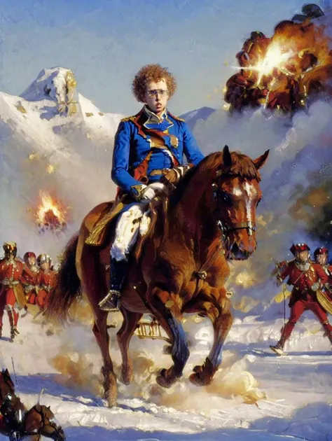 Classical masterpiece oil painting ((Napoleon Crossing The Alps)), featuring napoleondynamite man on a horse, dressed as Napoleon Boneparte, white French imperial military uniform with red trim, paleblue pants, billowing red sash across his chest, ((dynamite and firecrackers and TNT and explosions everywhere)).
<lora:Napoleon Dynamite:1> <lora:bichu-v0612:0.5>