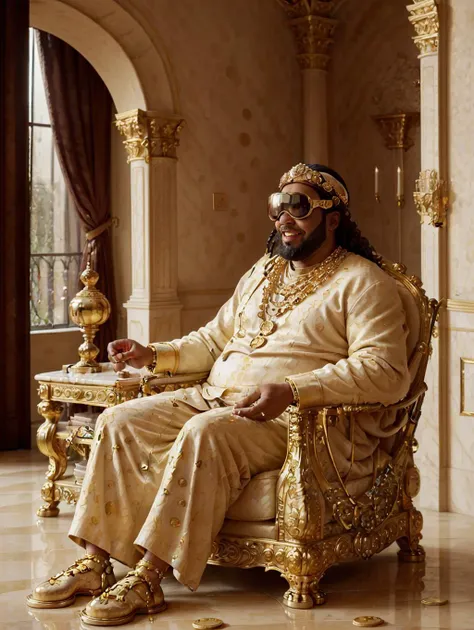 a rich fat king sitting on a huge ornate golden throne, laughing, hands raised, (marble floor covered in scattered gold coins), covered in gemstones, jewelry, necklaces, rings, wearing a big crown, silk clothes, in an intricate luxurious ivorygold throne room, wearing an Apple_Vision_Pro, surrounded by piles of gold coins, finery, luxury, wealth,
<lora:Apple_Vision_Pro:0.6> <lora:IvoryGoldAIv2:0.2>