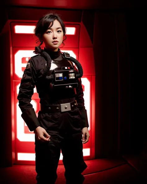 woman in tiepilot suit is standing with hands on her hips <lora:Tiepilotv02:0.8>,in star wars base, RAW photo, 8k uhd, dslr, soft lighting, high quality, film grain, Fujifilm XT3